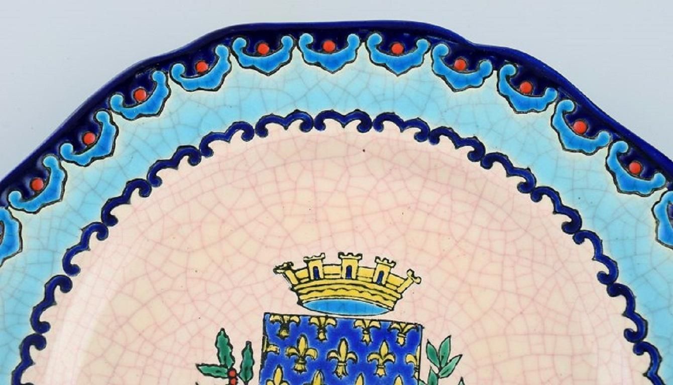 Longwy, France, Art Deco Plate With The Parisian Coat Of Arms And Foliage photo for sale