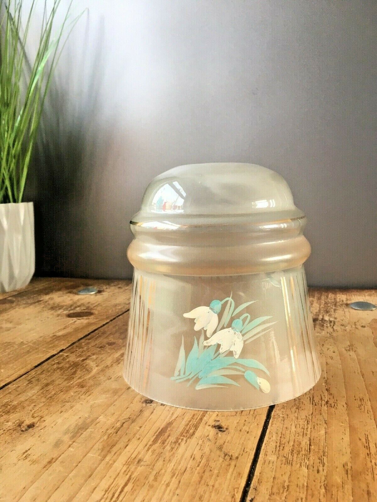 Lovely Vintage Art Deco Floral Painted Gold Gilt Zig Zag Glass Lamp Light Shade photo vinterior