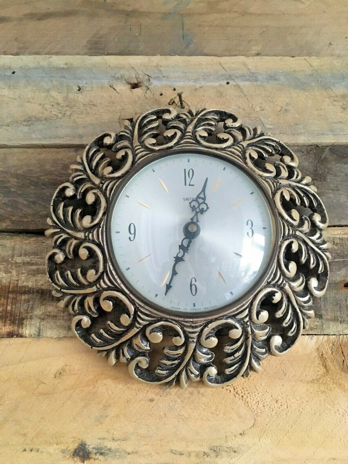 Mid Century Smiths Rococo Style Ornate Convex Battery Wall Clock 50's 60's 70's photo vinterior
