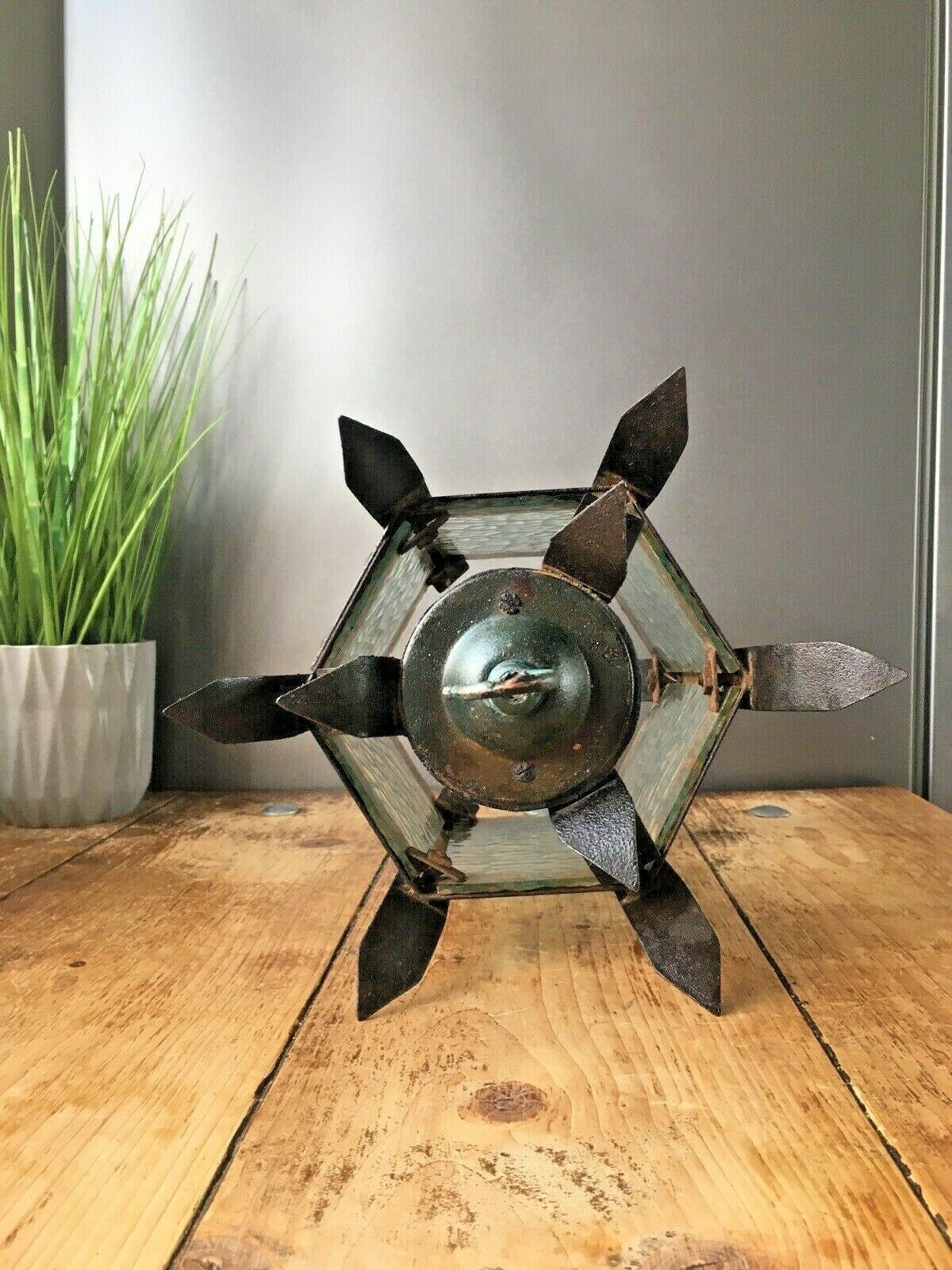 Antique Hexagonal Art Nouveau Lantern Hanging Lamp Light Arts & Crafts Gothic photo vintage