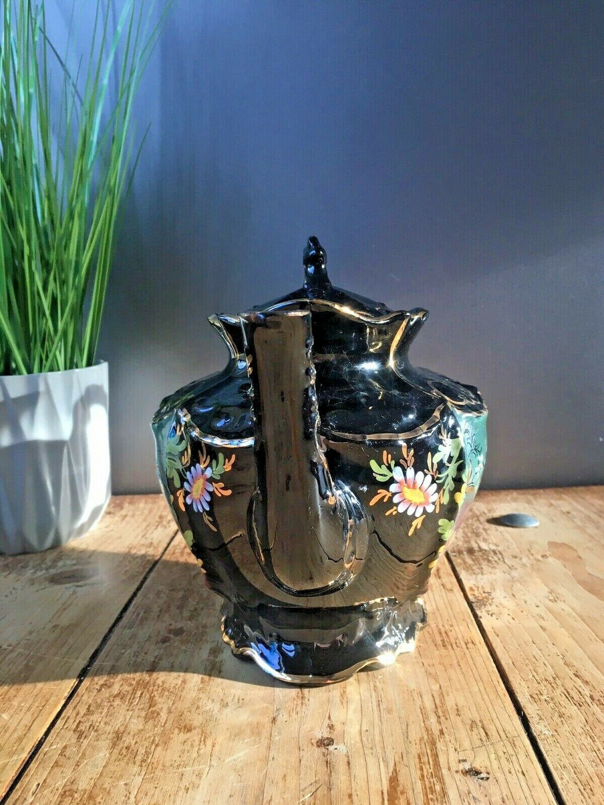 Antique Victorian Jackfield Black Green Rust Gilt Floral Teapot Gibsons Jetware photo furniture