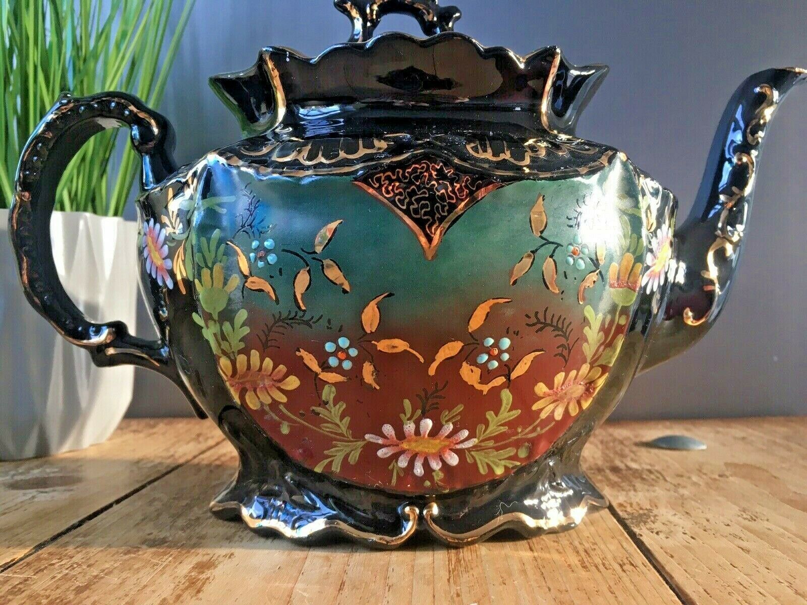 Antique Victorian Jackfield Black Green Rust Gilt Floral Teapot Gibsons Jetware photo Home Decor