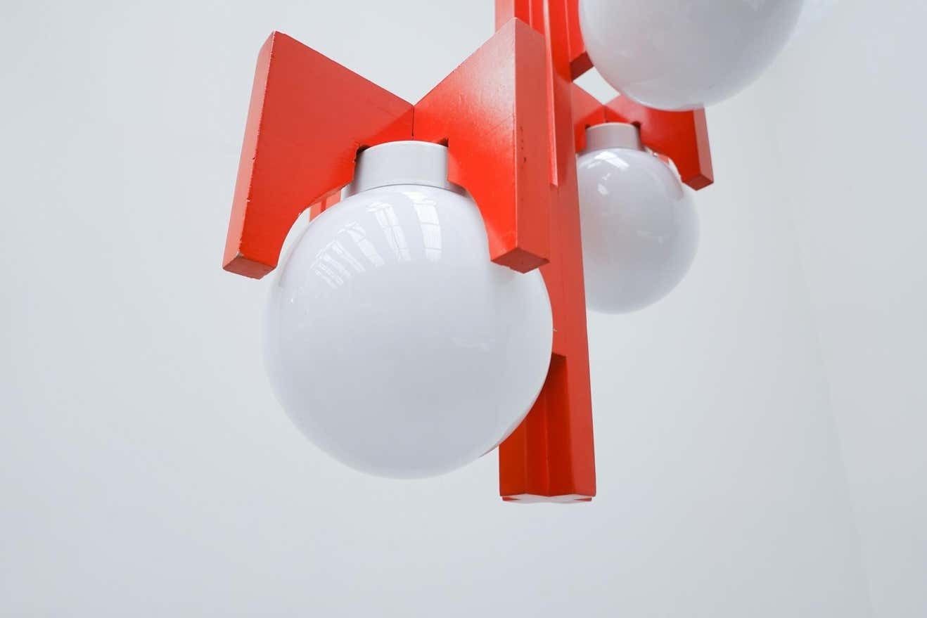 photo furniture Mid Century Red Lacquered Wood And Opaline Suspension, Italy 1970s