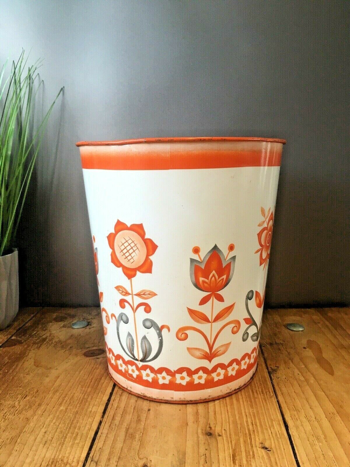 Retro 60's 70's Orange Floral Worcester Ware Tudor Tin Waste Paper Bin Scandi photo furniture