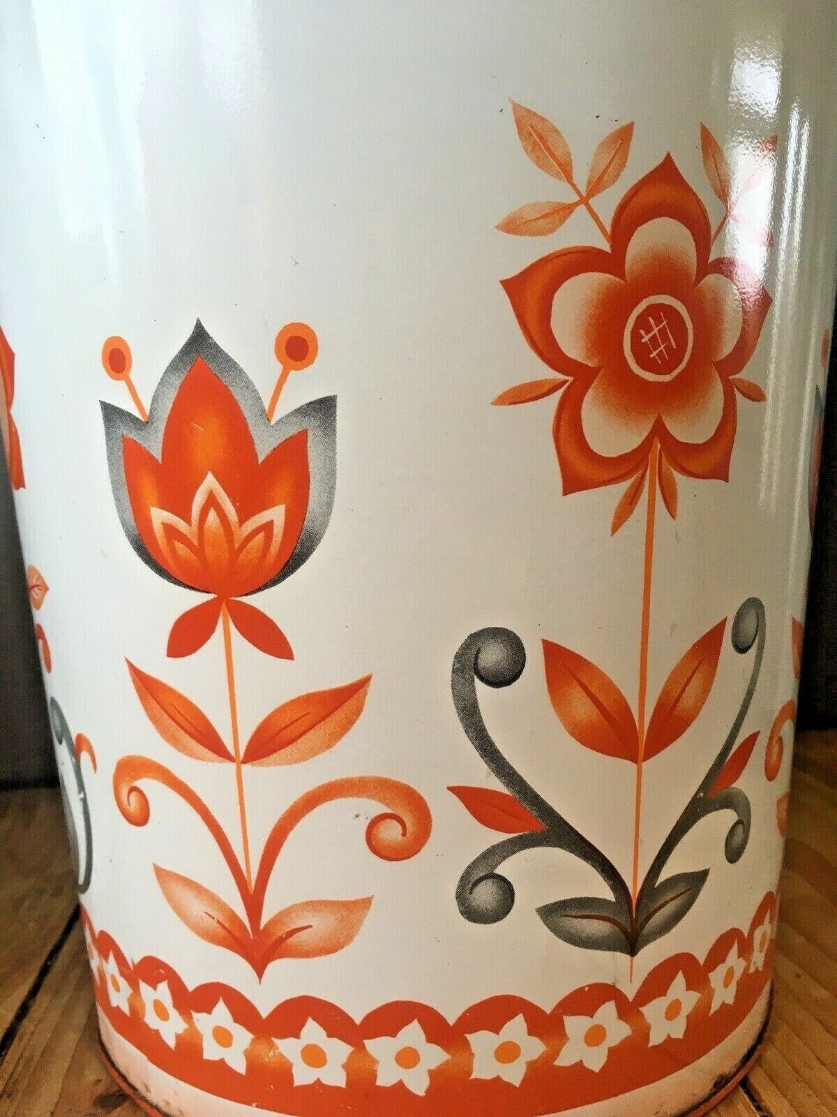Retro 60's 70's Orange Floral Worcester Ware Tudor Tin Waste Paper Bin Scandi photo vintage