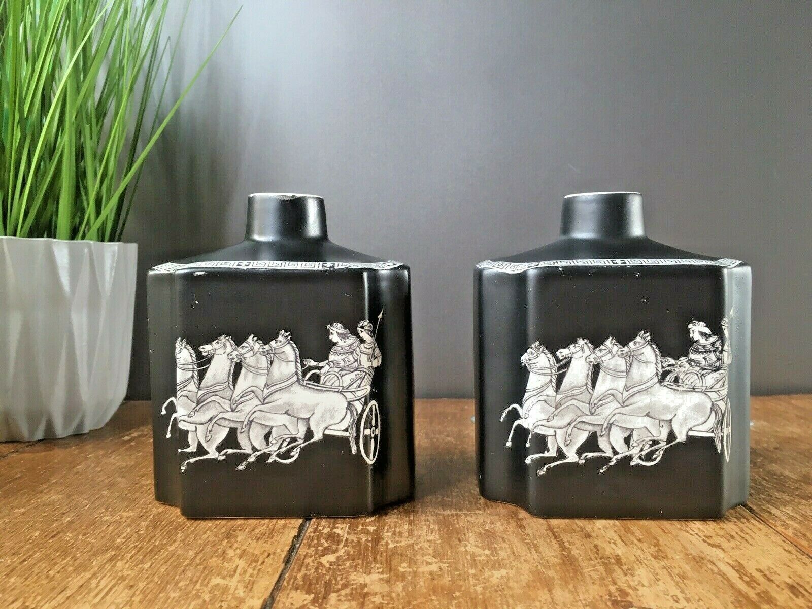 Beautiful Rare Pair Of Antique Neoclassical Adams Pottery Black Chariot Vases photo vintage
