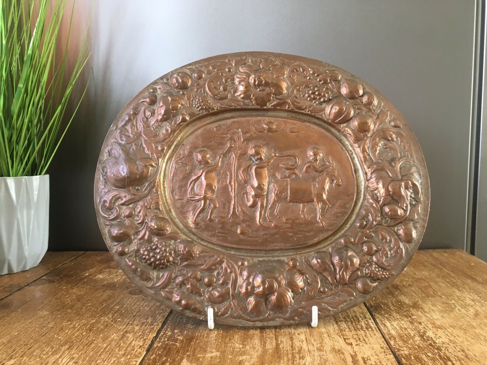 Antique Heavy Copper Plated Repousse Goat Cherub Neoclassical Scene Wall Plaque photo Art