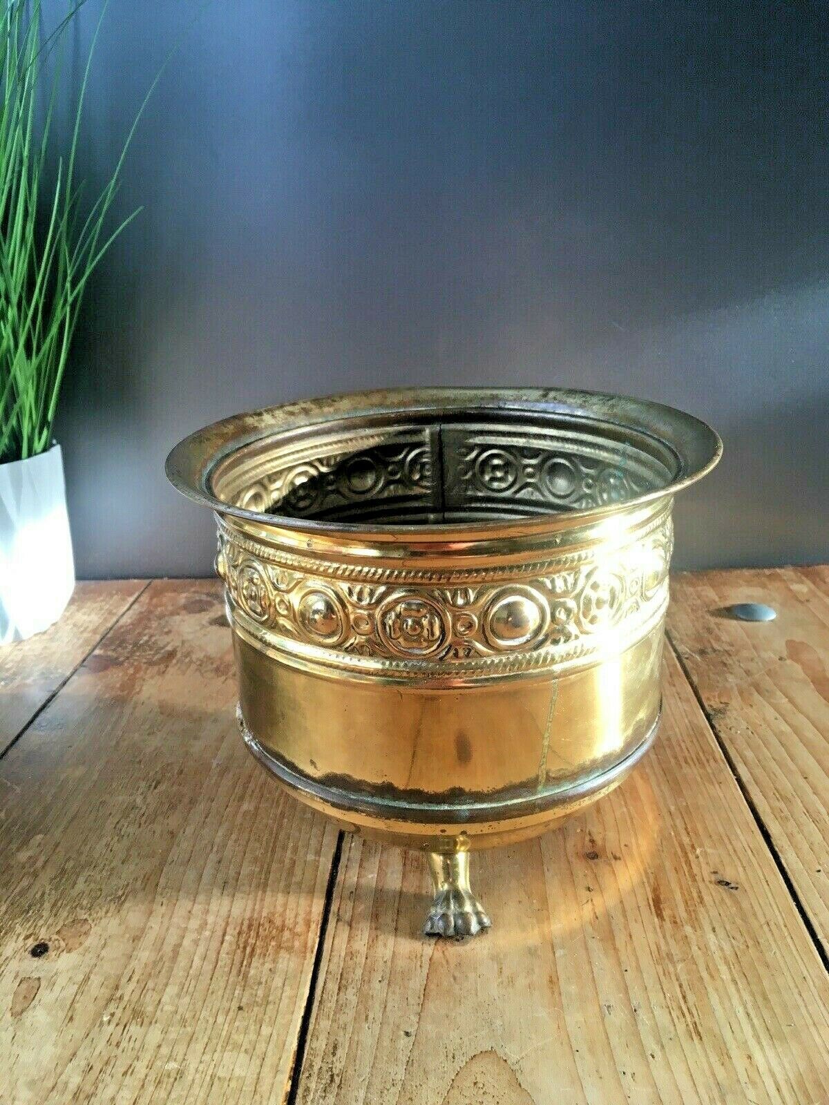 Vintage Brass Floral Rosettes Lions Foot Planter Flower Plant Pot Boho Antique photo for sale