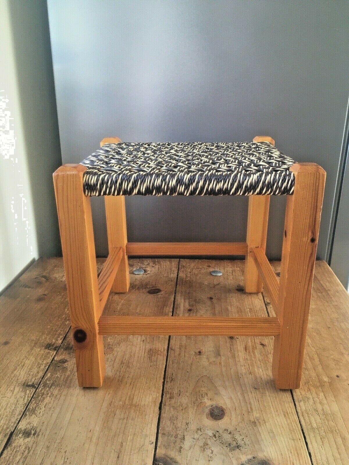 Brown & Yellow Retro Woven Raffia String Pine Footstool Mid Century Modern Stool photo vintage