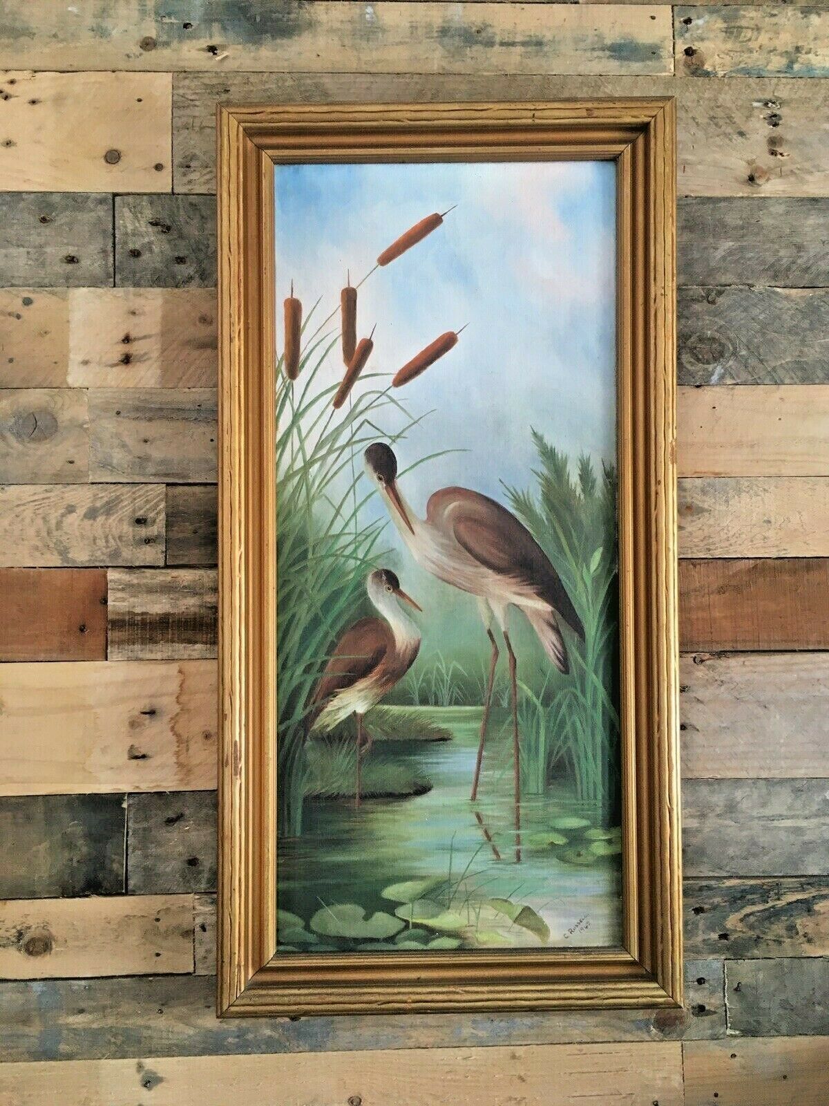 Aesthetic Movement Style Pond Herons Cattails Lily Pad C.Russell Framed Painting photo furniture