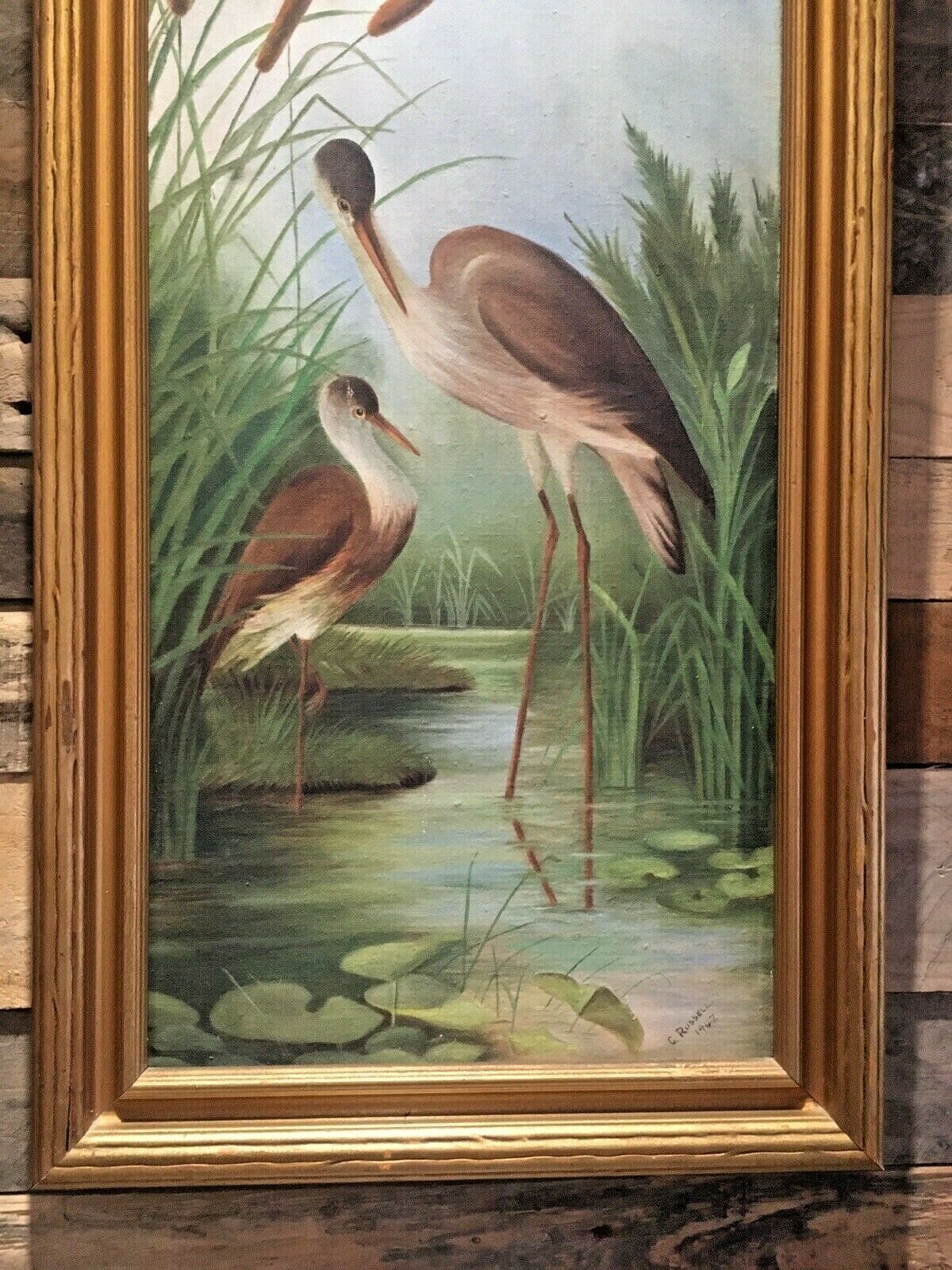 Aesthetic Movement Style Pond Herons Cattails Lily Pad C.Russell Framed Painting photo buy