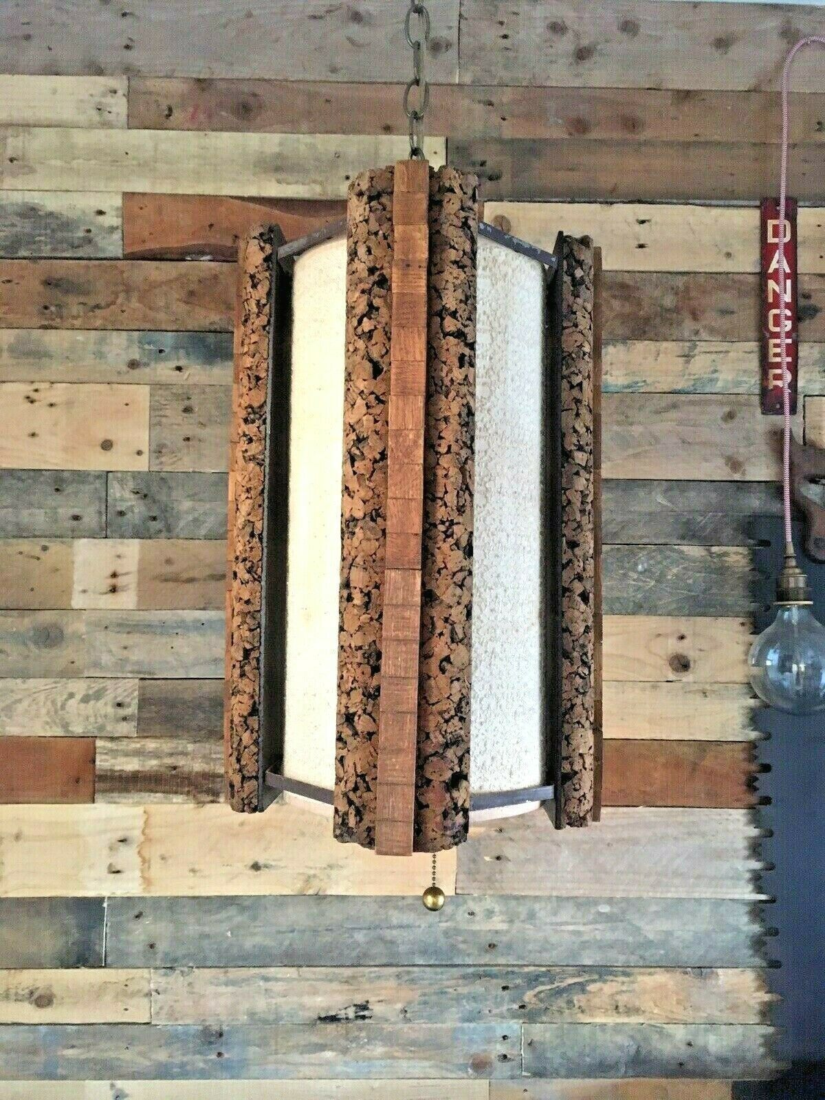Huge Mid Century 1960's Danish Cork & Teak Ceiling Light Fabric Shade Mcm Scandi