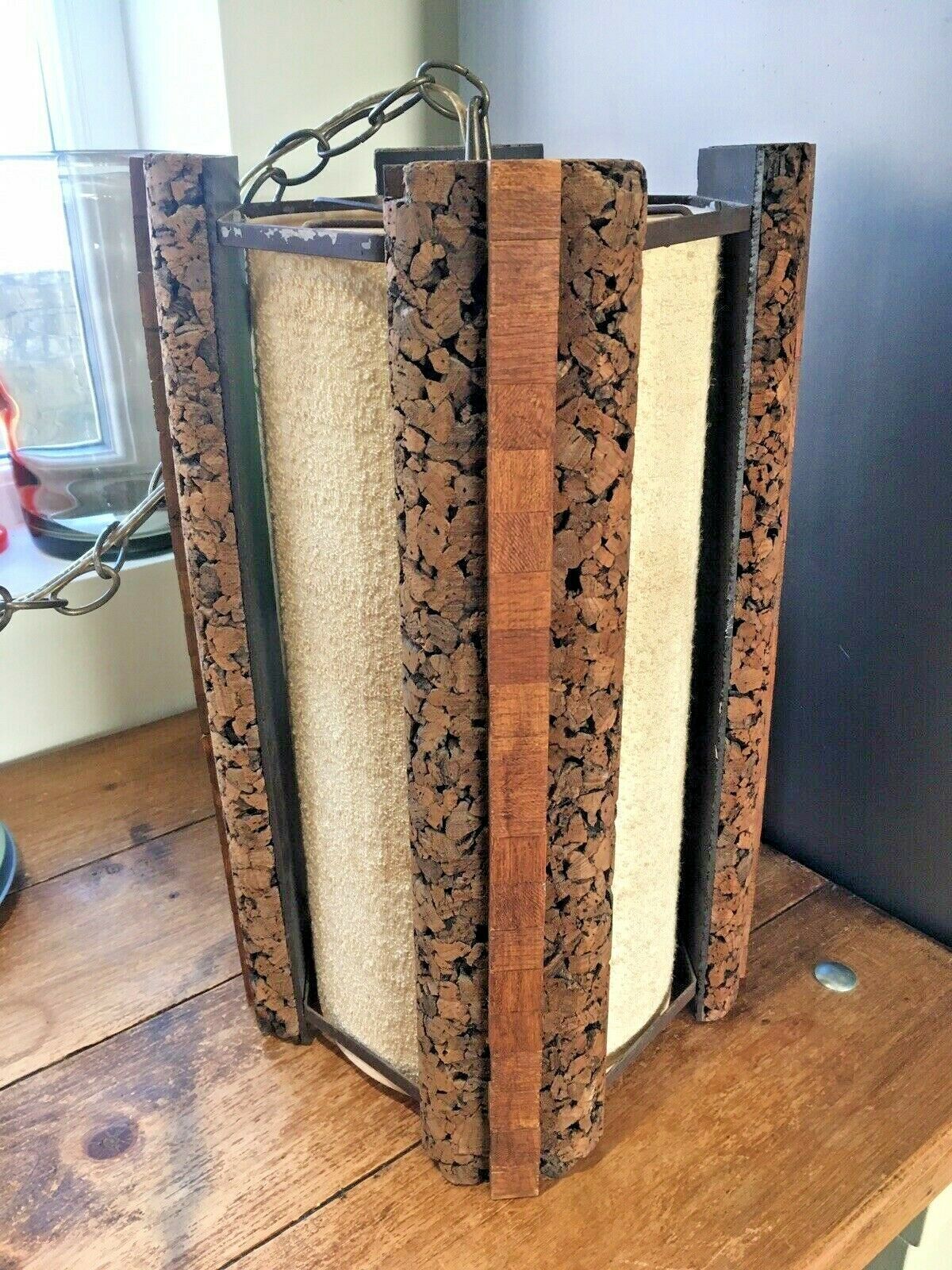 Huge Mid Century 1960's Danish Cork & Teak Ceiling Light Fabric Shade Mcm Scandi photo buy