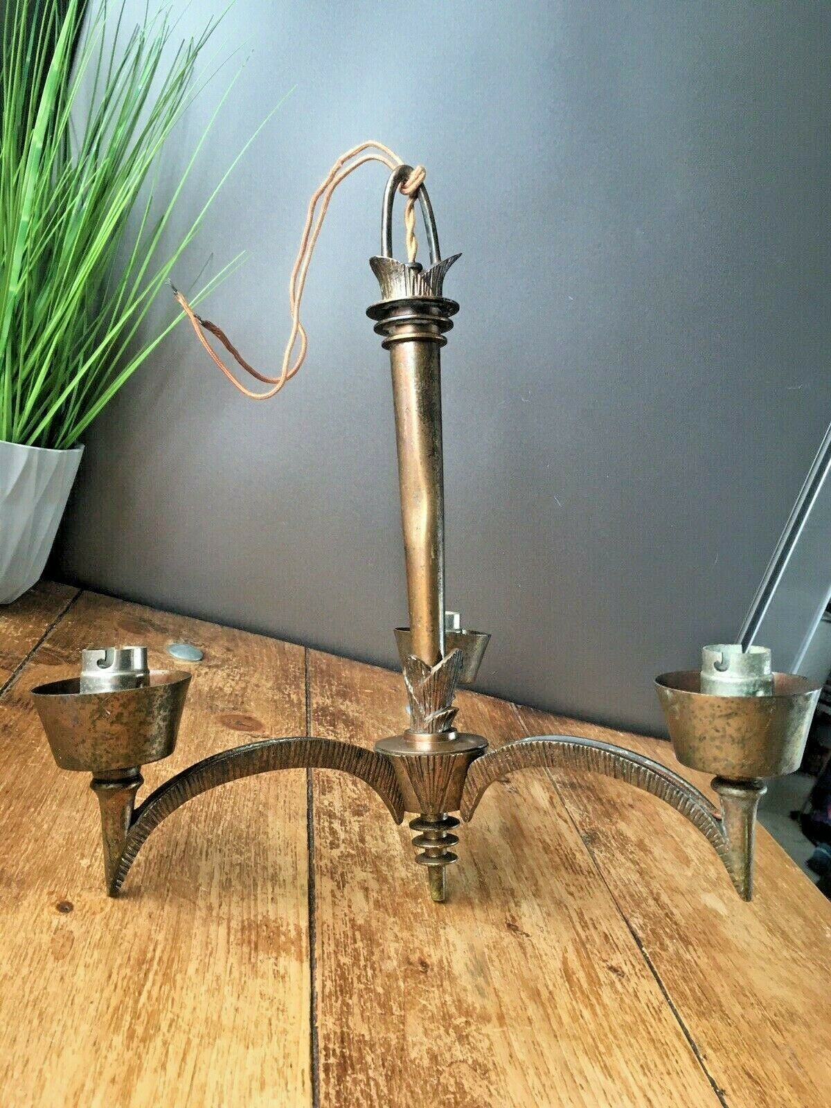 Unusual Antique 1920's French Bronze 3 Arm Ceiling Light Chandelier Gothic Discs photo vinterior