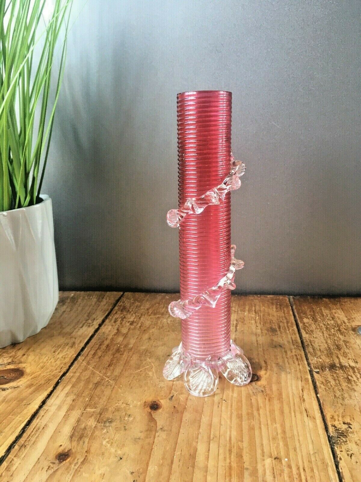 Antique Pink Cranberry Clear Applied Rigaree Footed Ribbed Glass Flower Bud Vase photo vinterior
