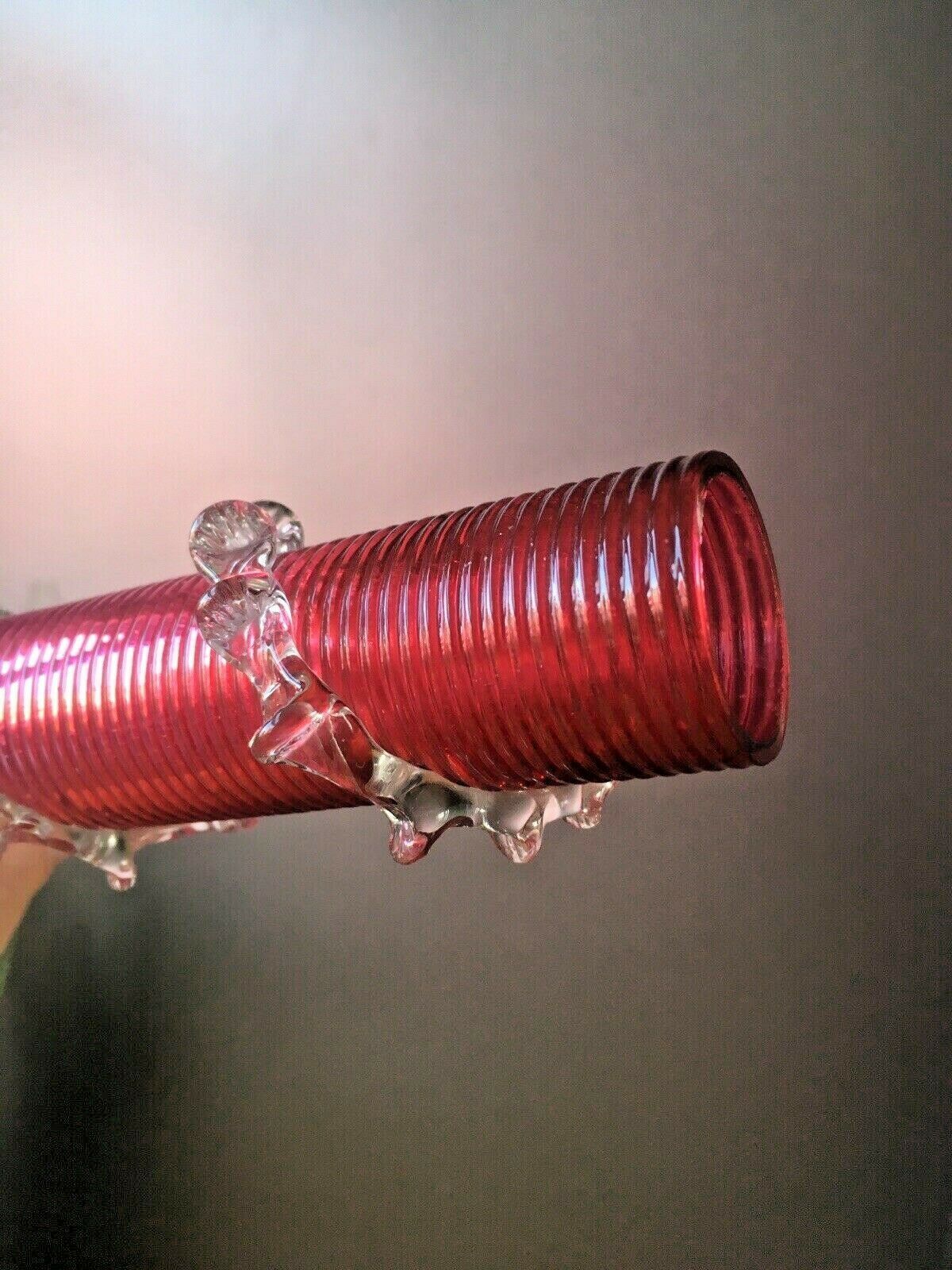 photo for sale Antique Pink Cranberry Clear Applied Rigaree Footed Ribbed Glass Flower Bud Vase