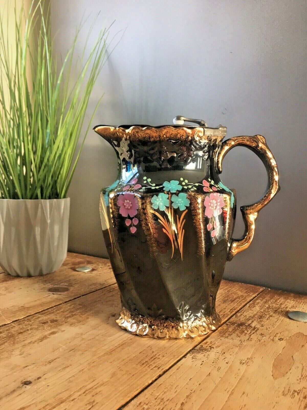 photo furniture Victorian Jackfield Gilded Floral Pewter Lidded Hot Water Jug Gibsons Jetware