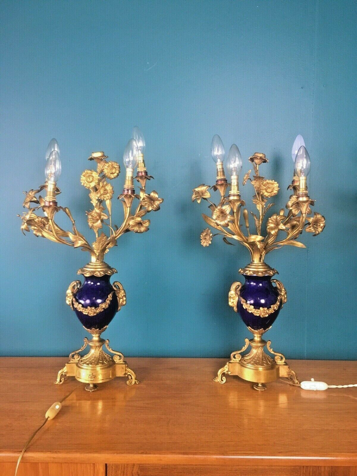 Antique Pair Of Cobalt Ormolu Louis XV Ram Candelabra Lamps Hollywood Regency photo 2400.0