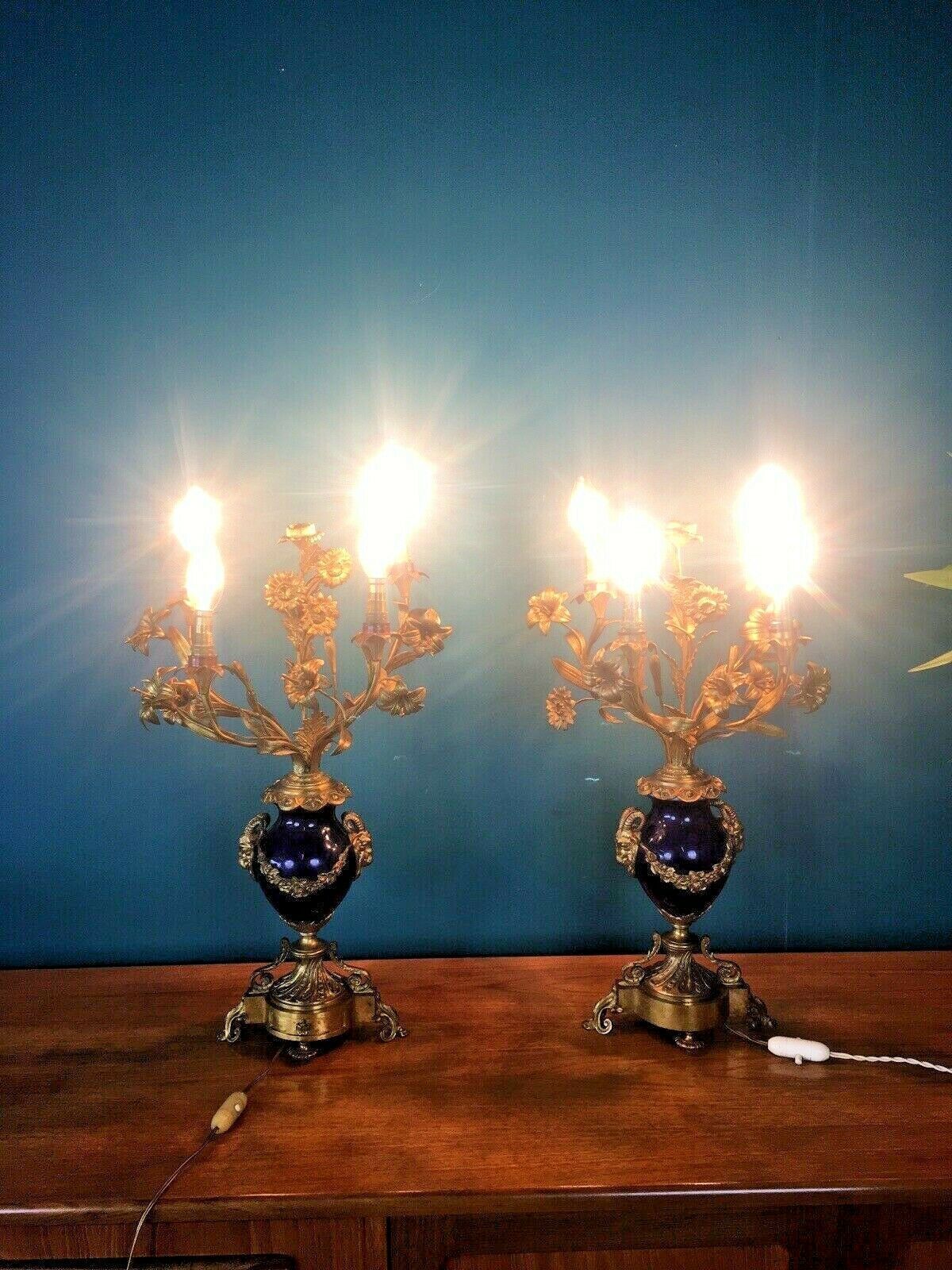 Home Decor Antique Pair Of Cobalt Ormolu Louis XV Ram Candelabra Lamps Hollywood Regency photo