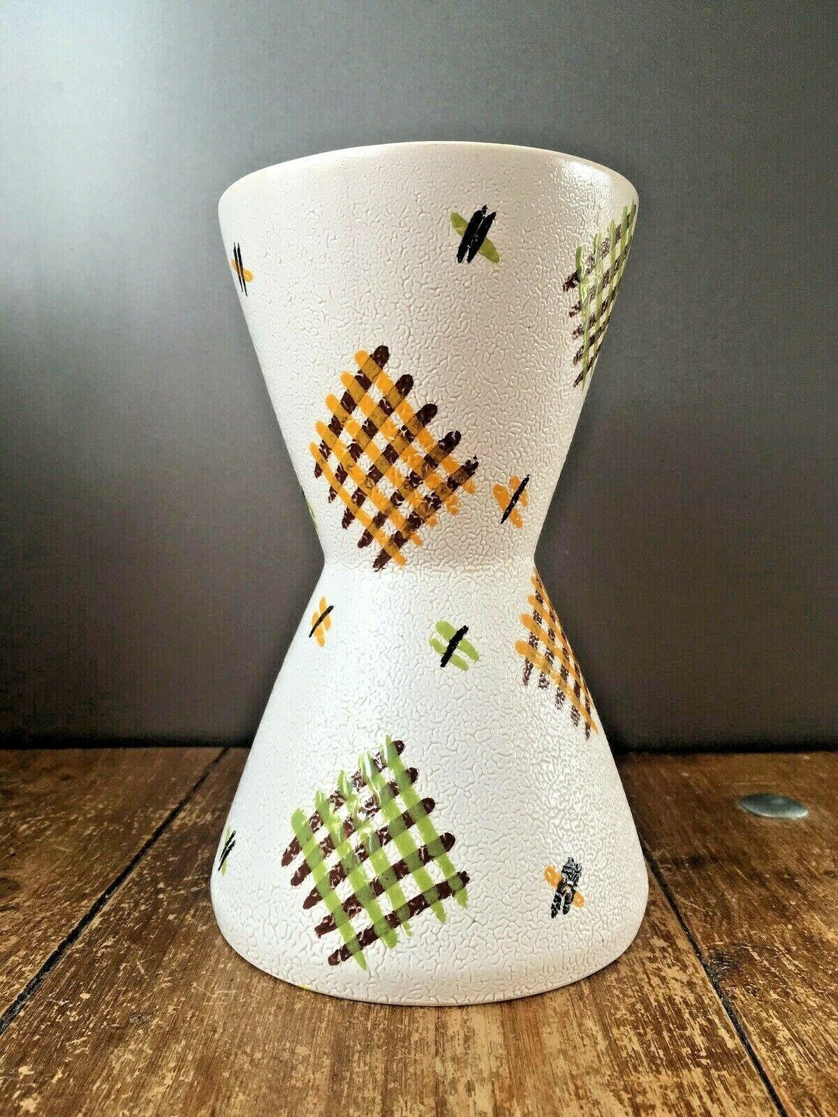 Large Mcm West German Or Italian Pottery Vase Green Orange Gingham Design Retro
