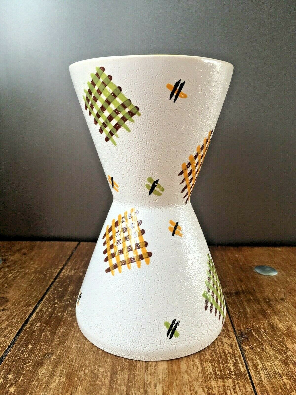 Large Mcm West German Or Italian Pottery Vase Green Orange Gingham Design Retro photo 50.0