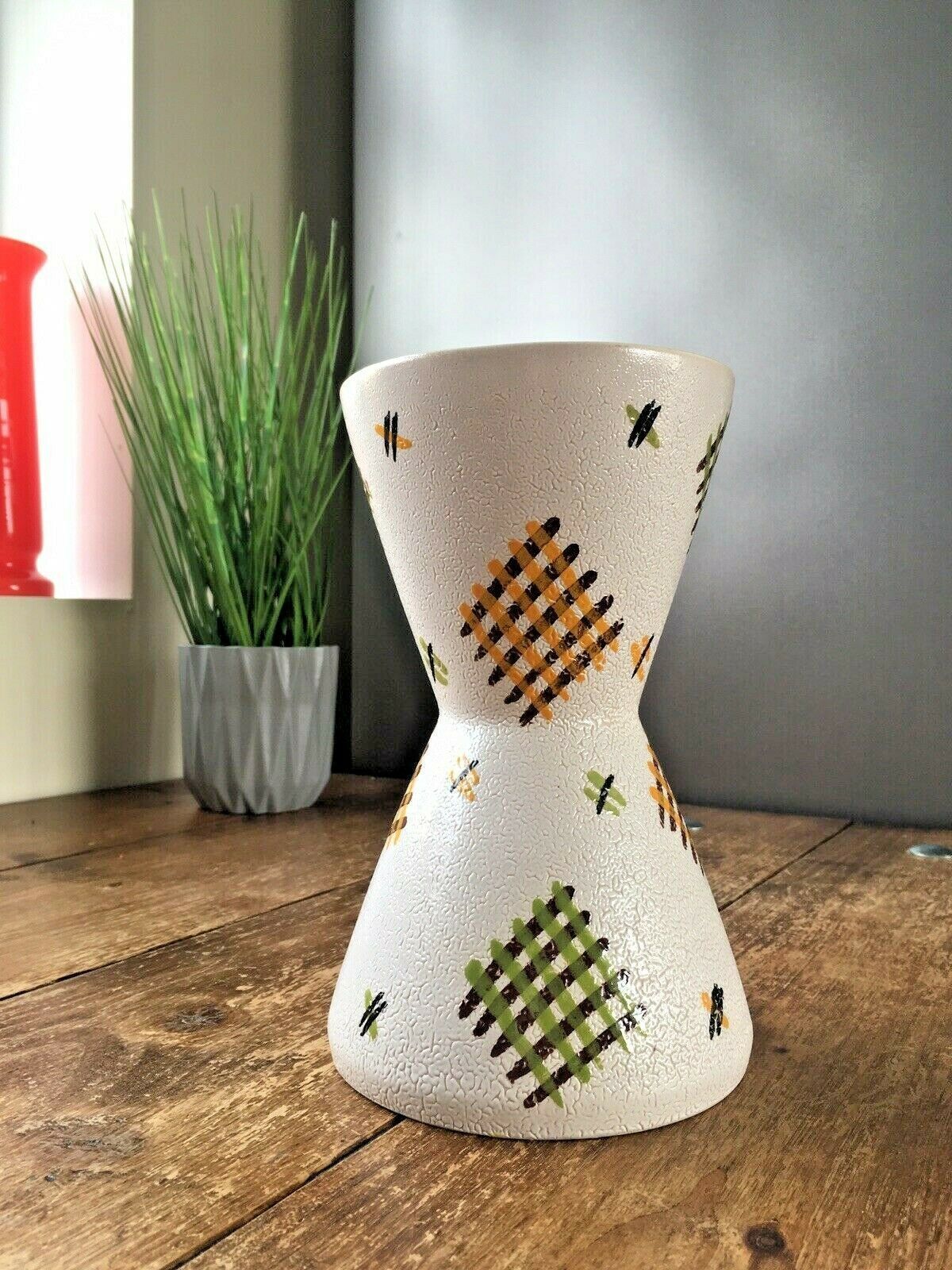 photo furniture Large Mcm West German Or Italian Pottery Vase Green Orange Gingham Design Retro