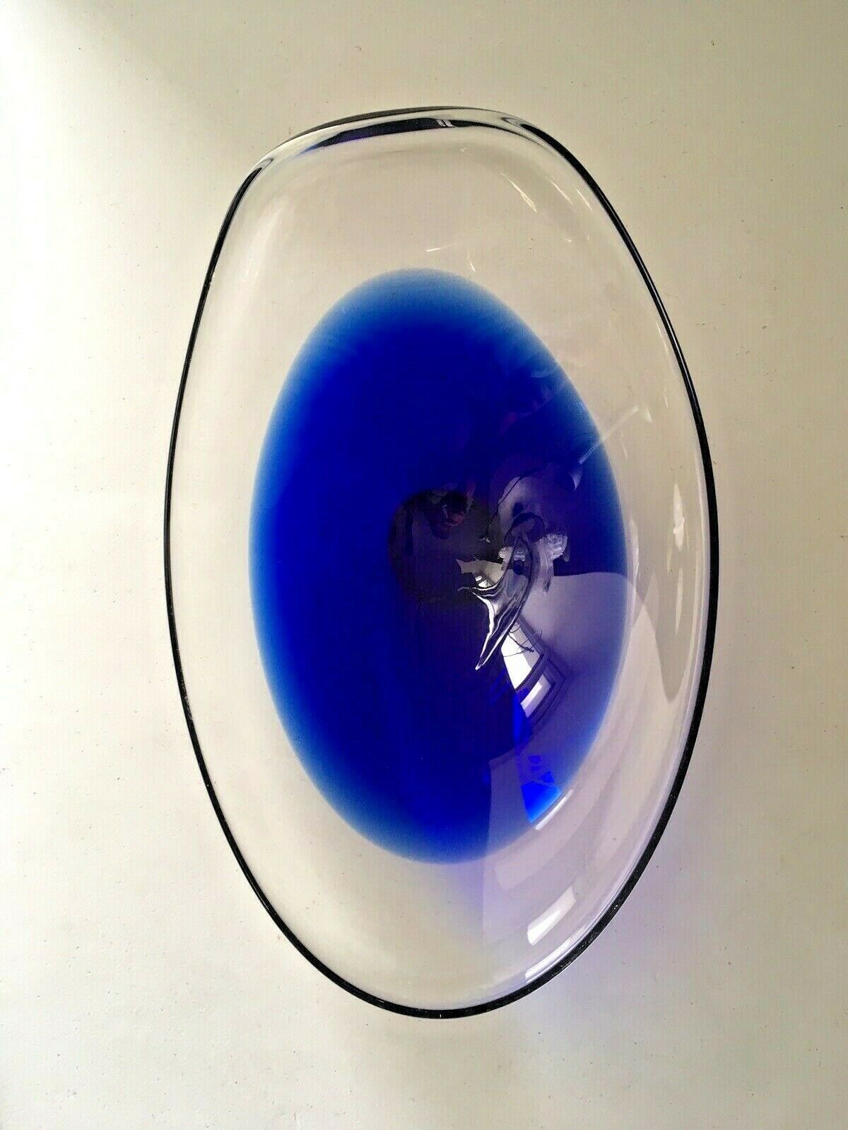 Mid Century Modern Swedish Flygsfors Blue Freeform Art Glass Bowl   Paul Kedelv photo 70.0