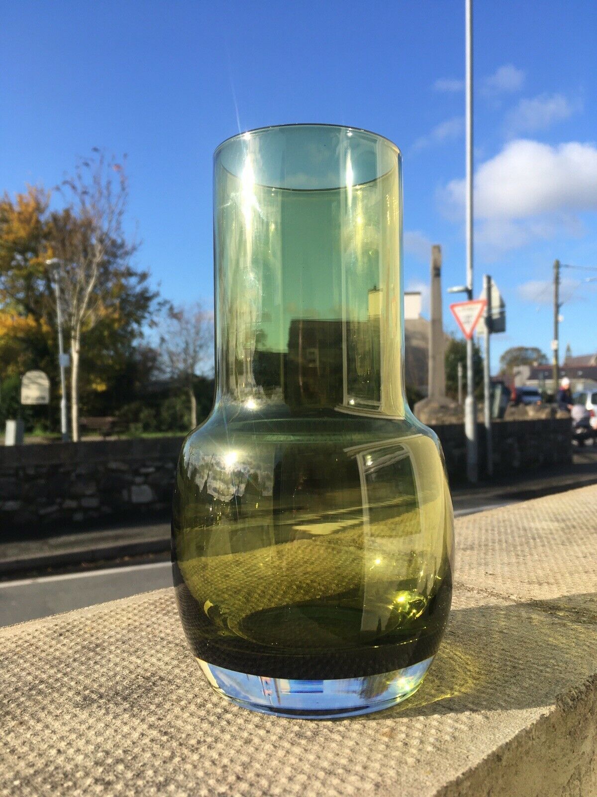 Retro 70's Riihimaki Tall Green Art Glass Vase 1483 Tamara Aladin Scandinavian