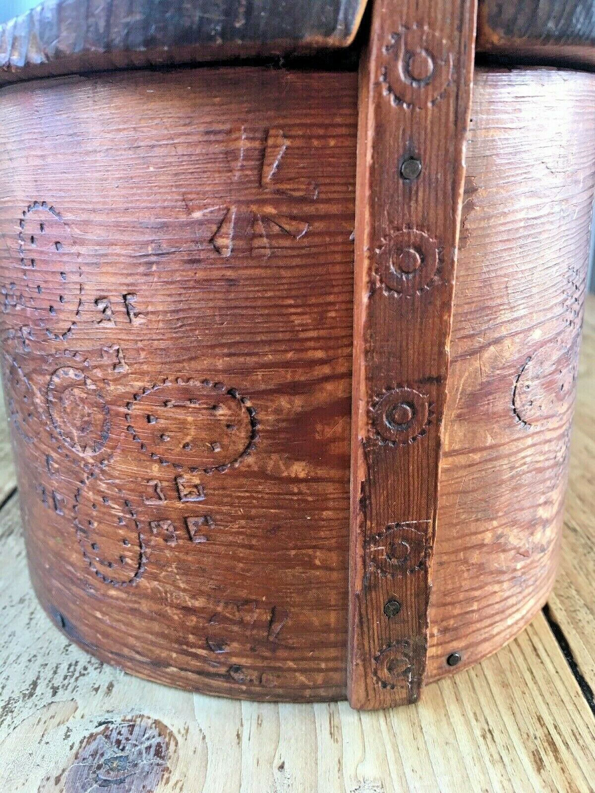 Large Antique 19th C Norwegian Tine Bentwood Folk Art Pokerwork Box Scandinavian photo buy