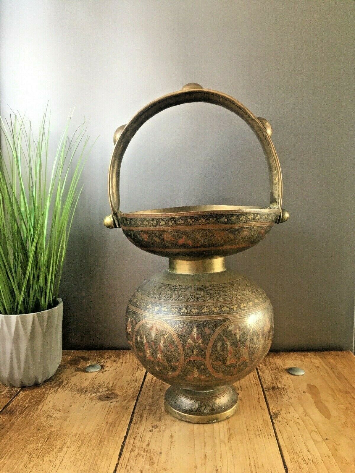 Large Indian Gourd Metal Brass Enamelled Kamandalu Water Jug Pot Vase Vintage