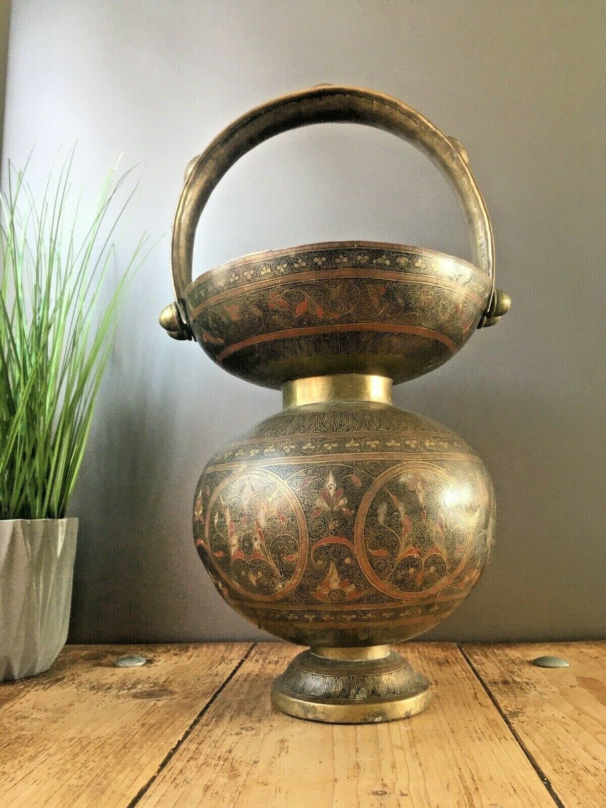 Large Indian Gourd Metal Brass Enamelled Kamandalu Water Jug Pot Vase Vintage photo furniture