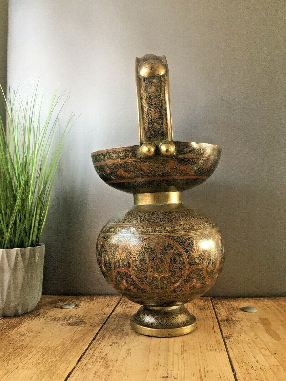 Large Indian Gourd Metal Brass Enamelled Kamandalu Water Jug Pot Vase Vintage photo vinterior