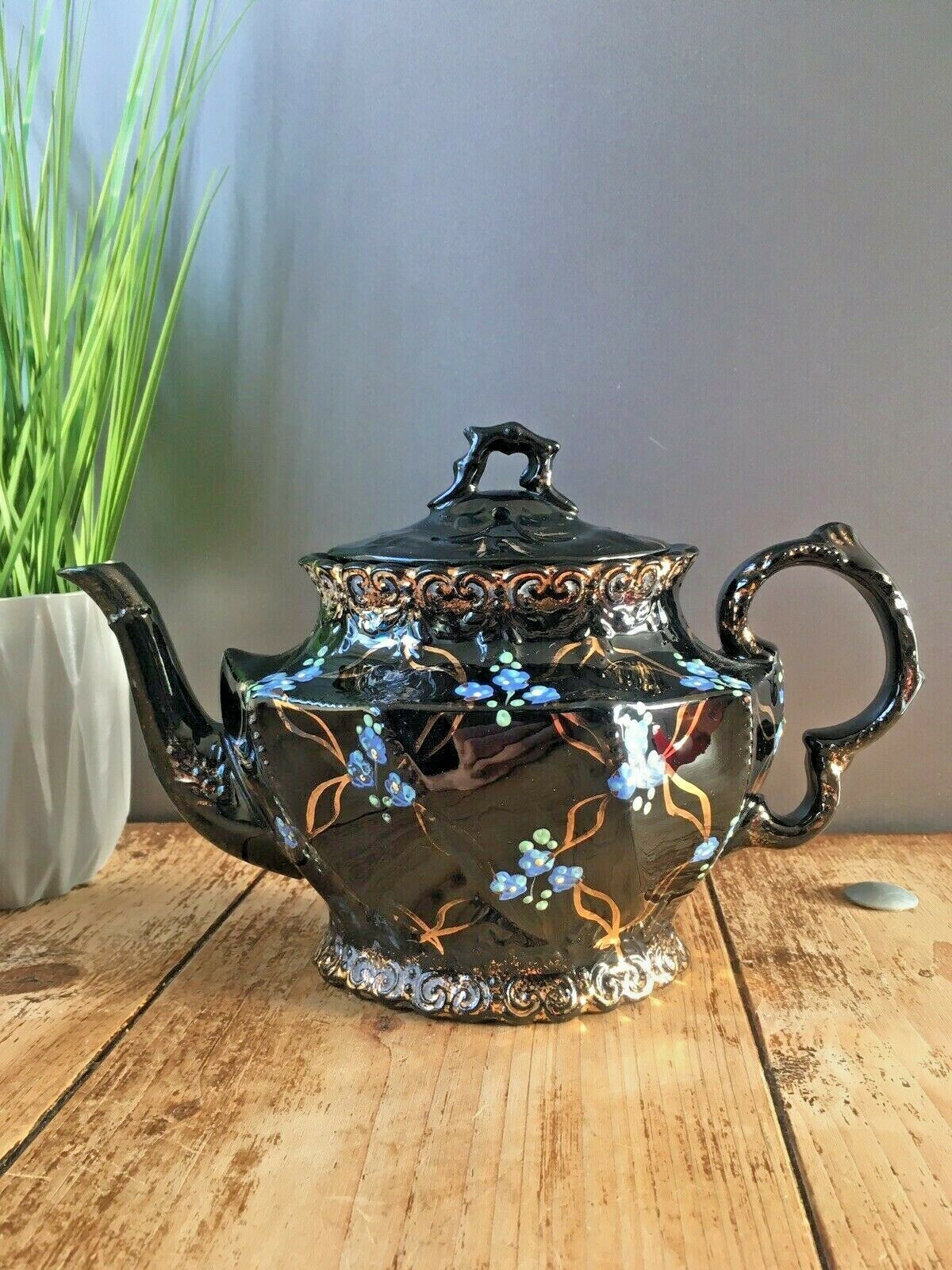 Beautiful Victorian Jackfield Black Gold Gilt Blue Floral Teapot Gibsons Jetware photo for sale