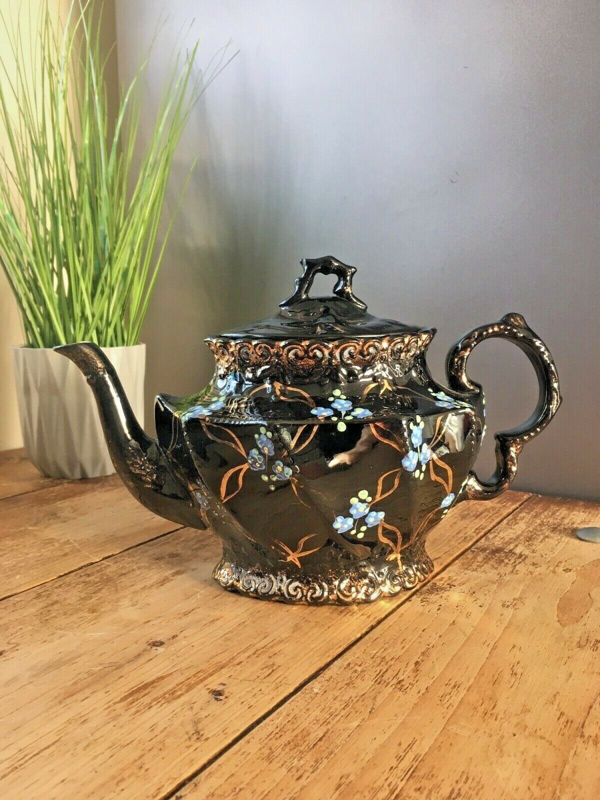 photo furniture Beautiful Victorian Jackfield Black Gold Gilt Blue Floral Teapot Gibsons Jetware