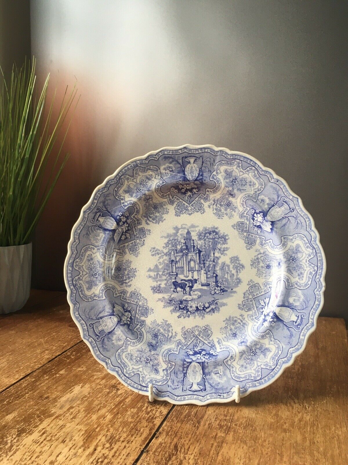 Rare Antique C1816 John Rogers & Son Vase Pattern Blue & White Plate Cows Sheep photo vintage