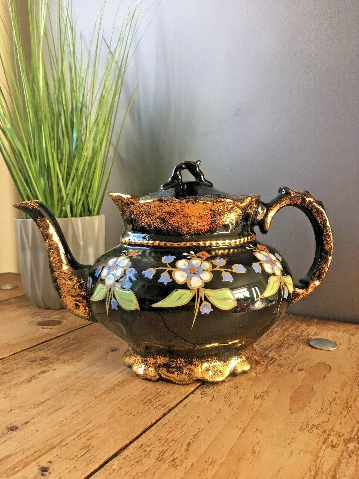 Lovely Antique Victorian Jackfield Black Gold Gilt Floral Teapot Gibsons Jetware photo furniture
