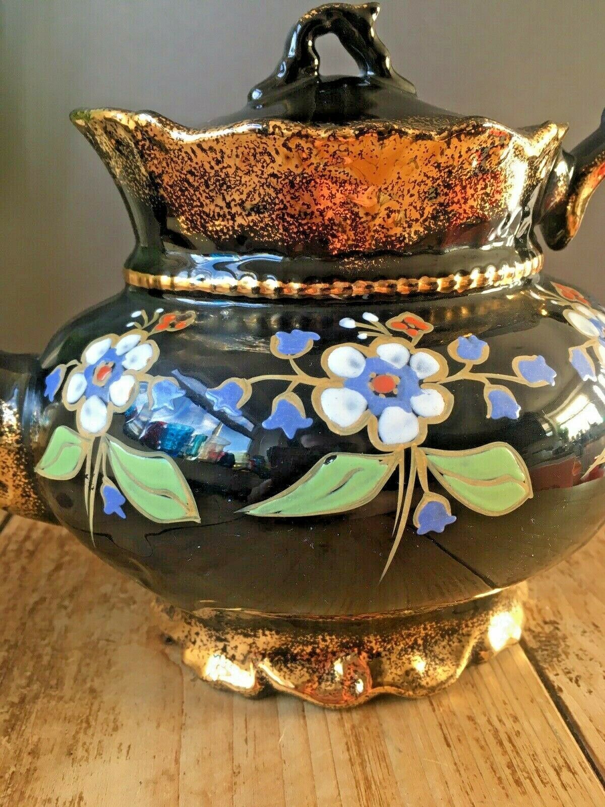 Lovely Antique Victorian Jackfield Black Gold Gilt Floral Teapot Gibsons Jetware photo for sale