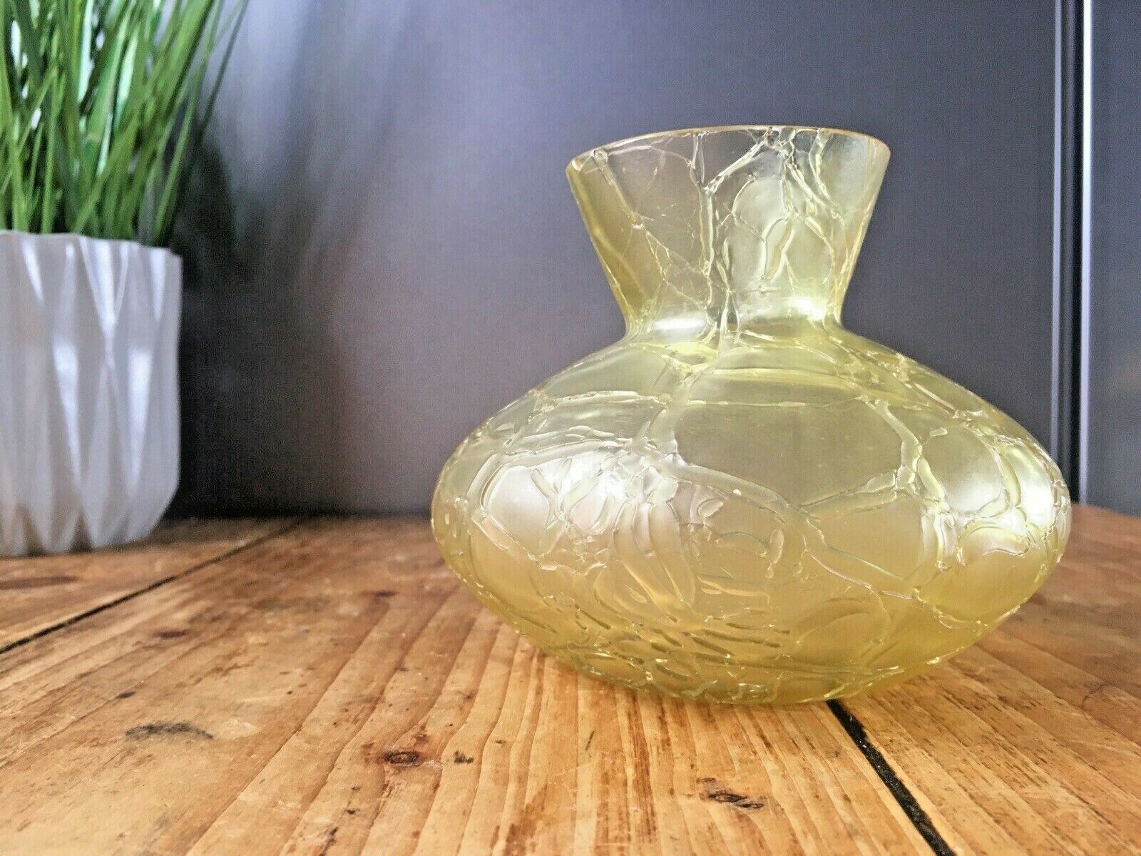 Art Nouveau Bohemian Kralik Citron Yellow Crackle Glass Veined Squat Vase Bowl