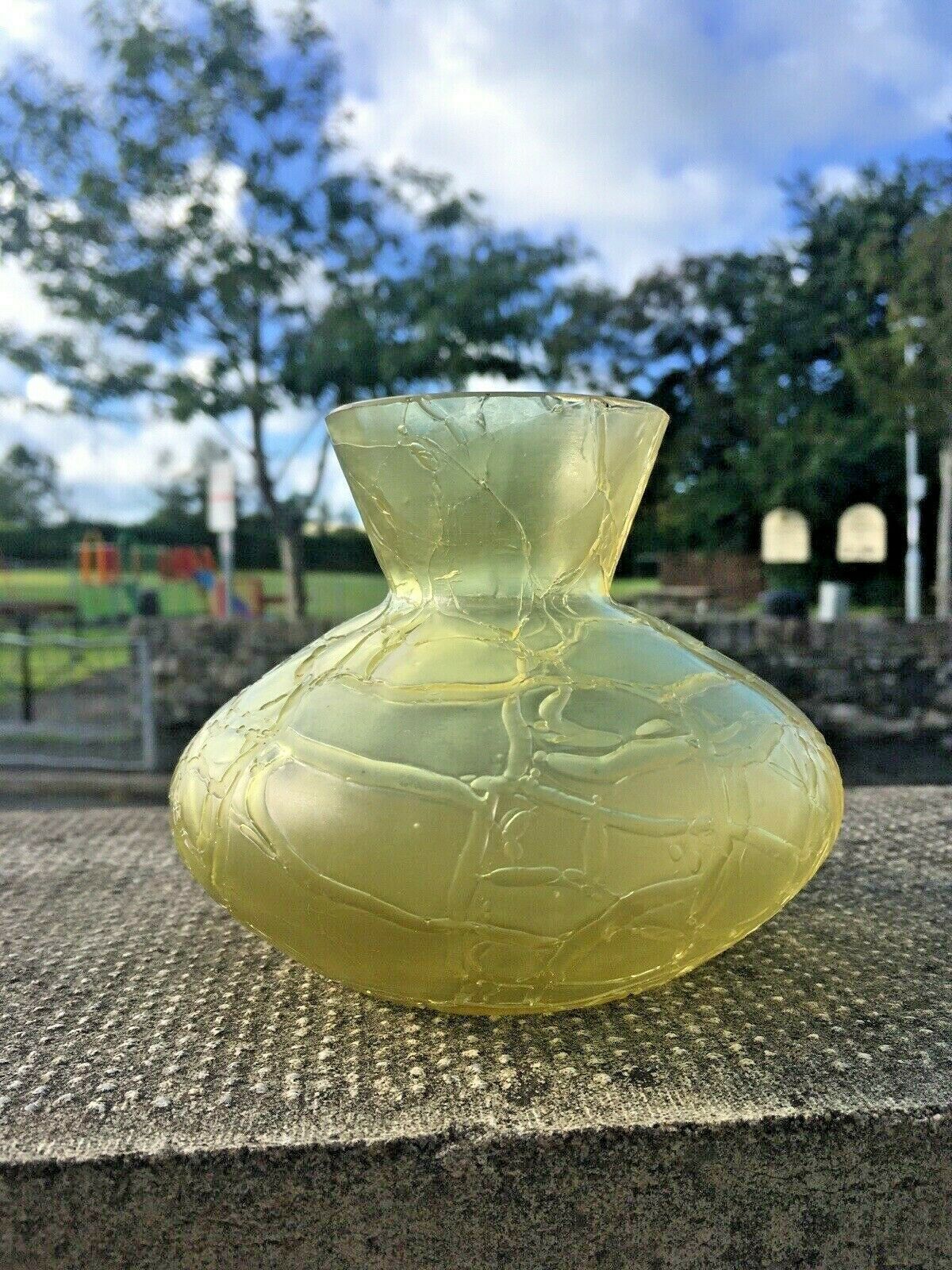 100.0 Art Nouveau Bohemian Kralik Citron Yellow Crackle Glass Veined Squat Vase Bowl photo