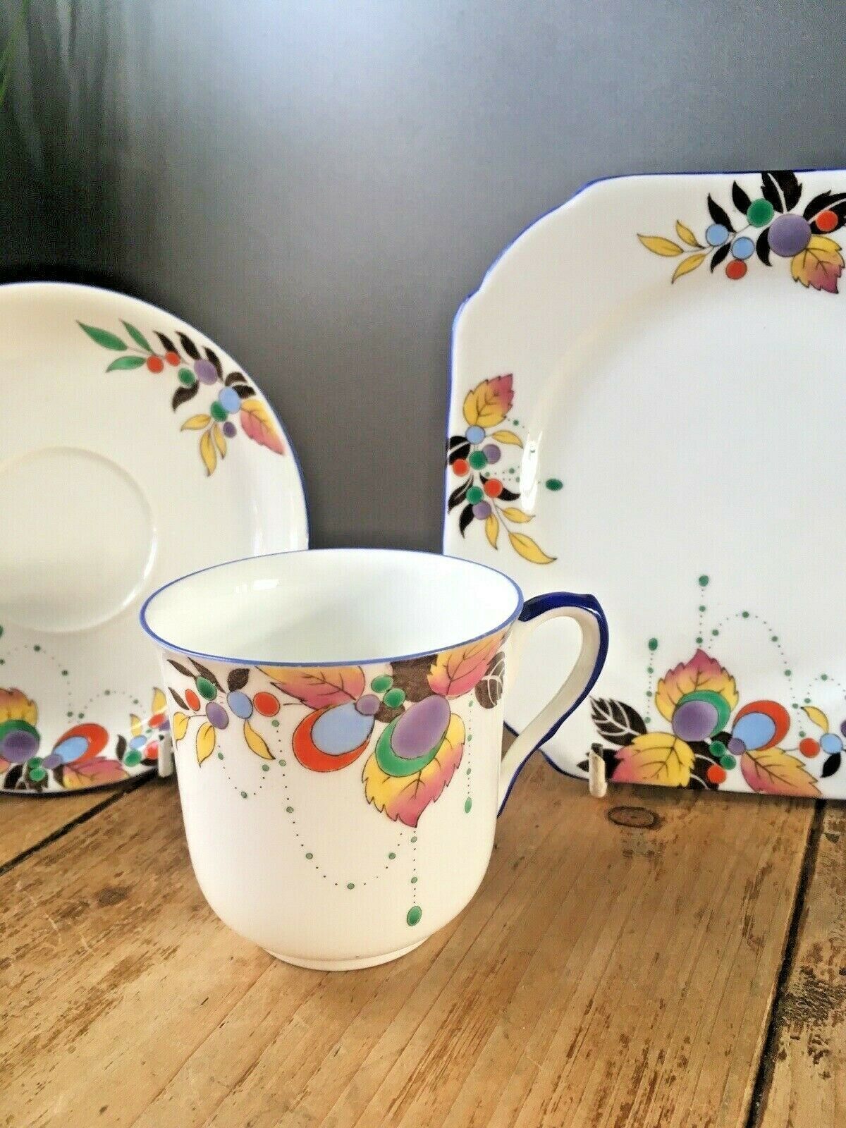 Rare Art Deco Shelley China Autumn Leaf 11702 Pattern Trio Cup Saucer Sideplate photo for sale