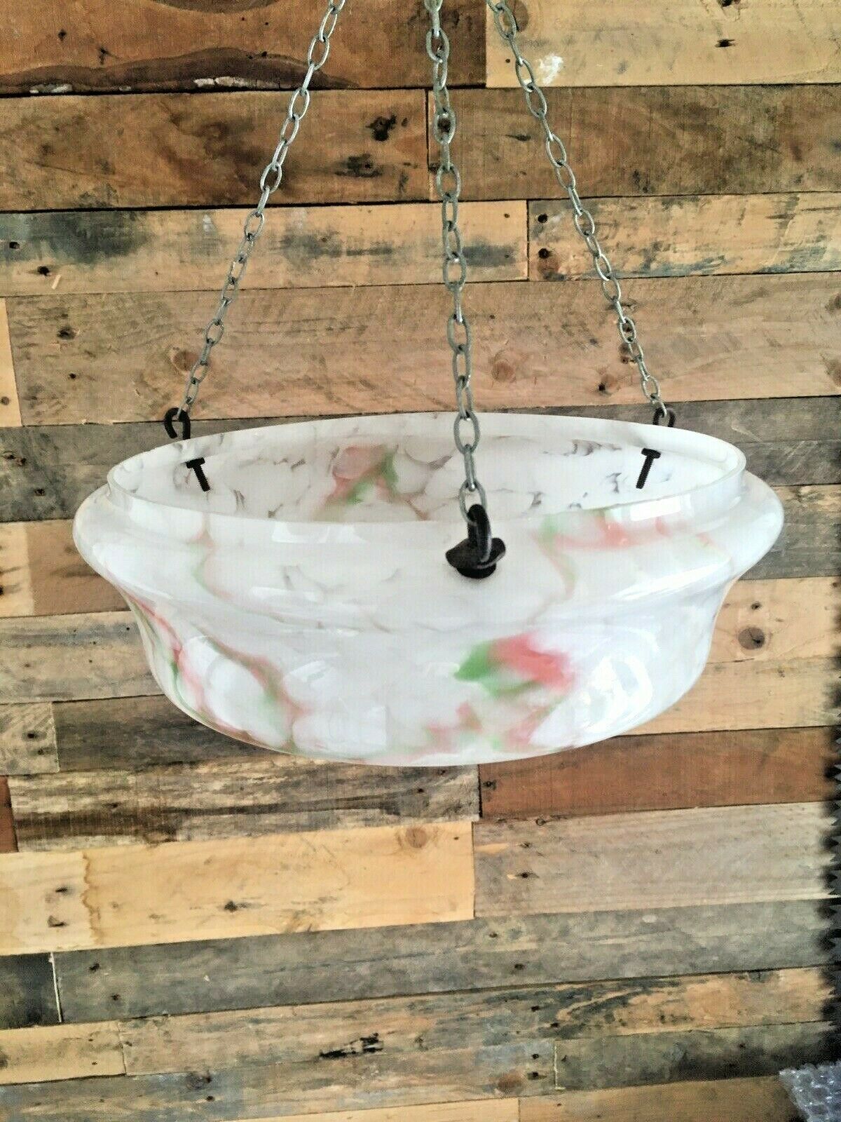 Large 1930s Art Deco White Marbled Splatter Ceiling Flycatcher Glass Light Shade photo vintage