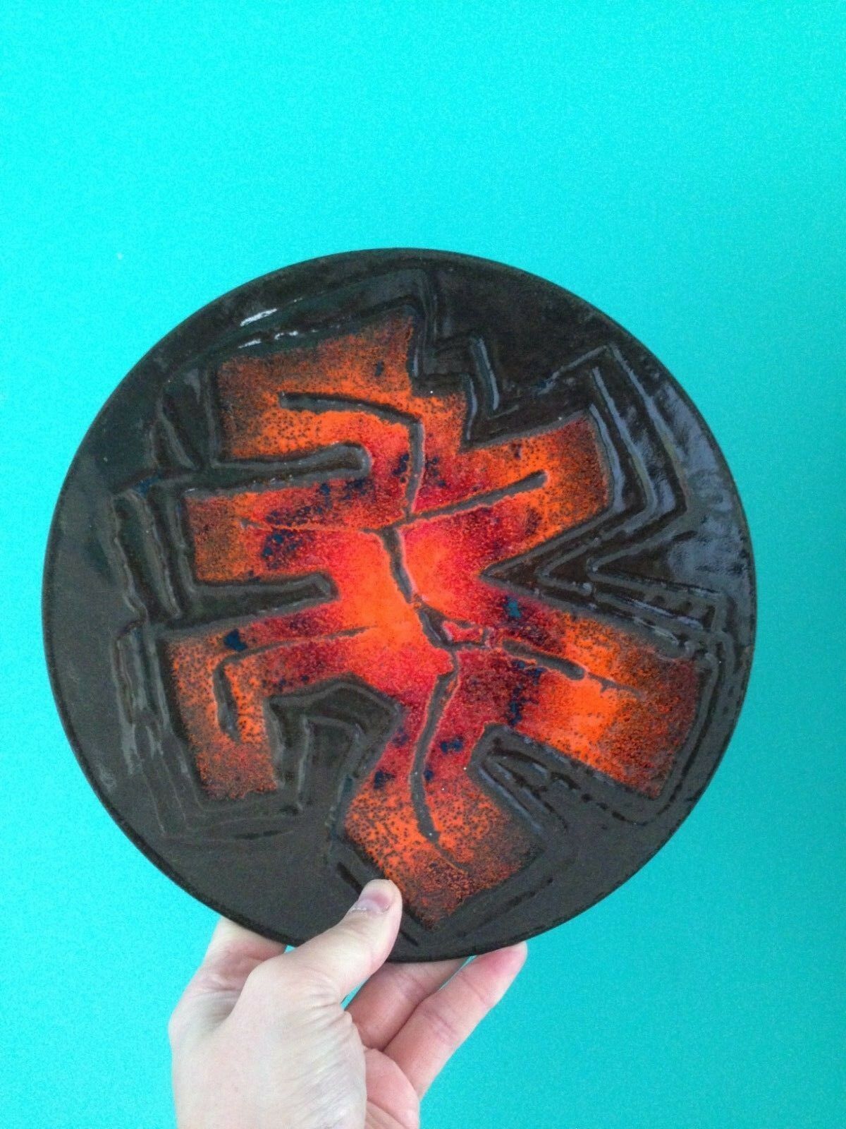 Dutch Mid Century Richard Braun Orange Abstract Enamel Dish Bowl Ijmuiden Steel