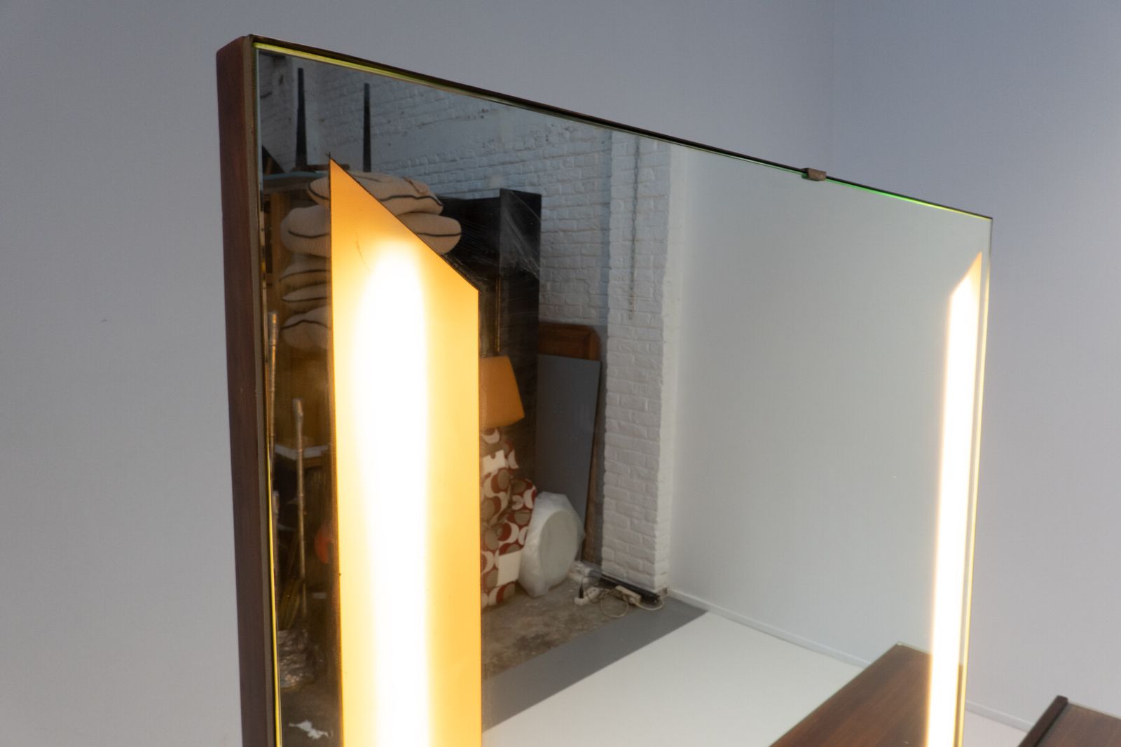1960's Mid Century Modern Italian Wooden Dressing Table With Lighting Mirror photo vinterior