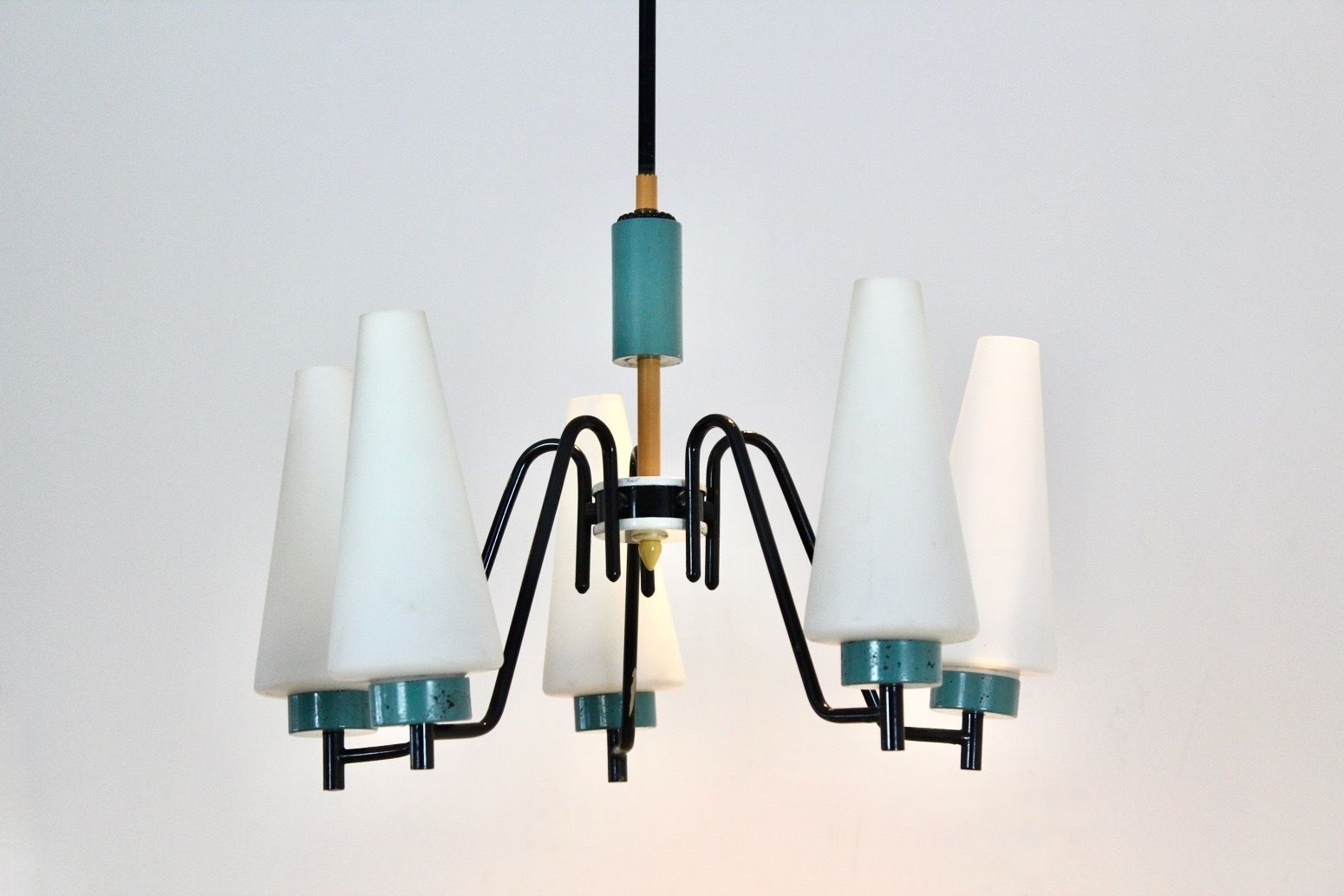 Dutch Steel, Wood & Opaline Glass Pendant photo furniture
