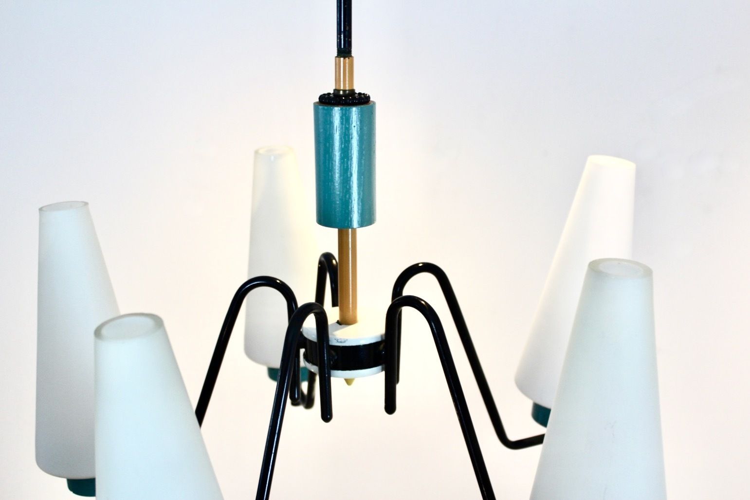 Dutch Steel, Wood & Opaline Glass Pendant photo vintage
