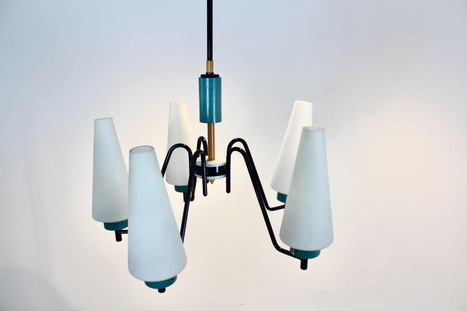 photo furniture Dutch Steel, Wood & Opaline Glass Pendant
