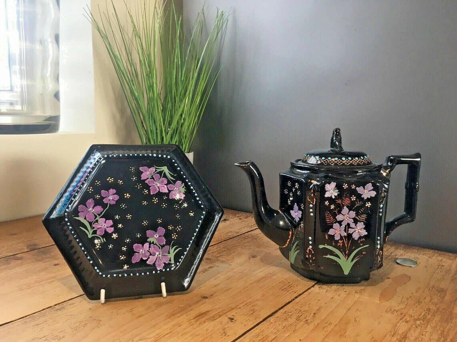 Antique Jackfield Black Gold Purple Floral Teapot & Trivet Stand Gibsons Jetware