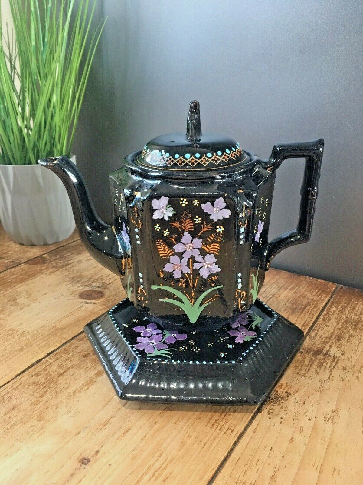 Antique Jackfield Black Gold Purple Floral Teapot & Trivet Stand Gibsons Jetware photo for sale