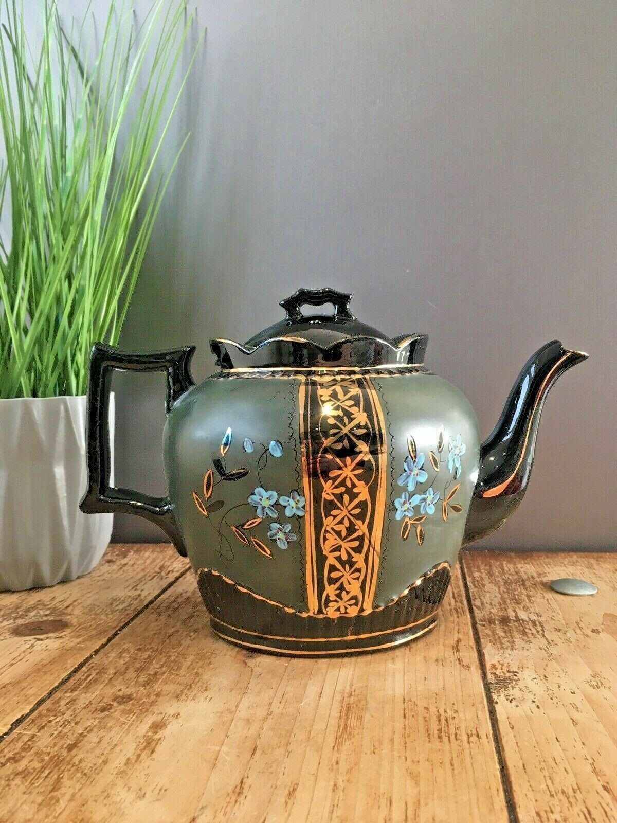 Antique Jackfield Green Gold Blue Floral Teapot & Trivet Stand Gibsons Jetware photo buy