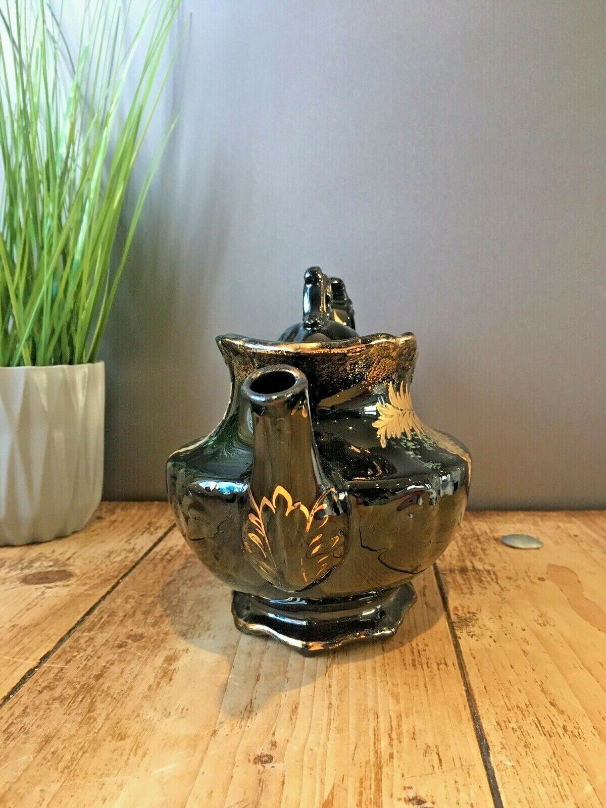 Antique Jackfield Black Gold Gilt Leaves Teapot & Trivet Stand Gibsons Jetware photo vinterior